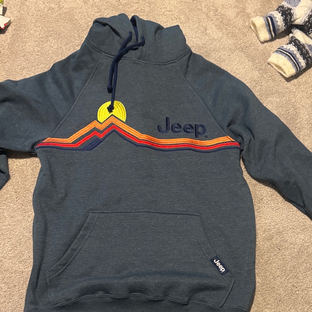 Jeep Men's Dark Blue Hoodie with Colorful Mountain Design